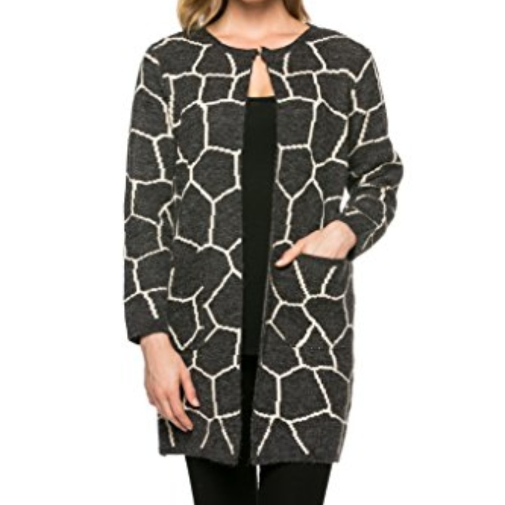 Charcoal Geometric Print Thick Knit Draped-Neck